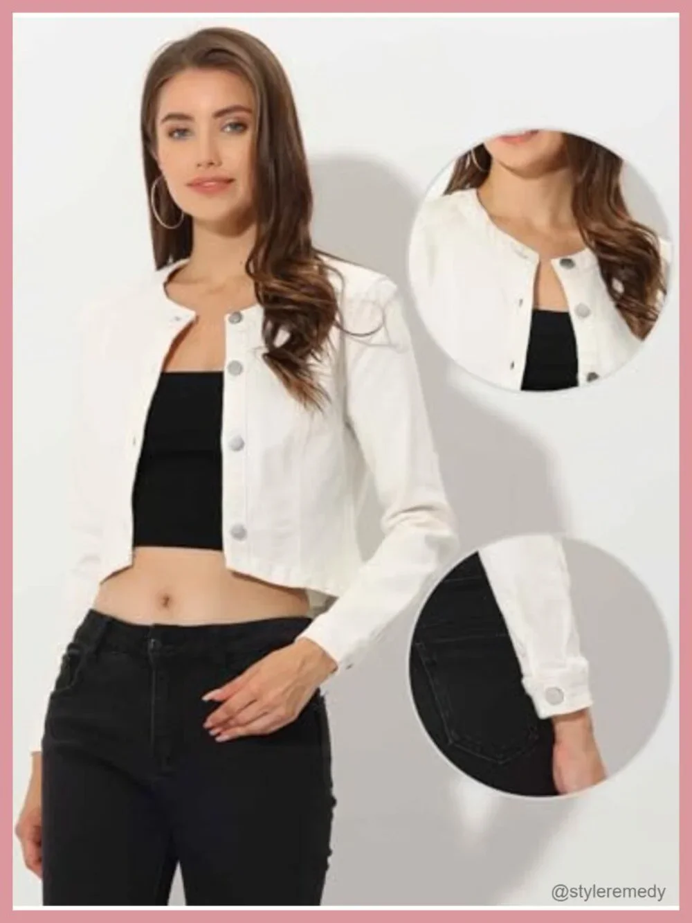 Allegra K Cropped Denim Jacket Women's Collarless Button Jean Jacket